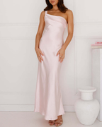 Asymmetric Draped One-Shoulder Satin Maxi Dress