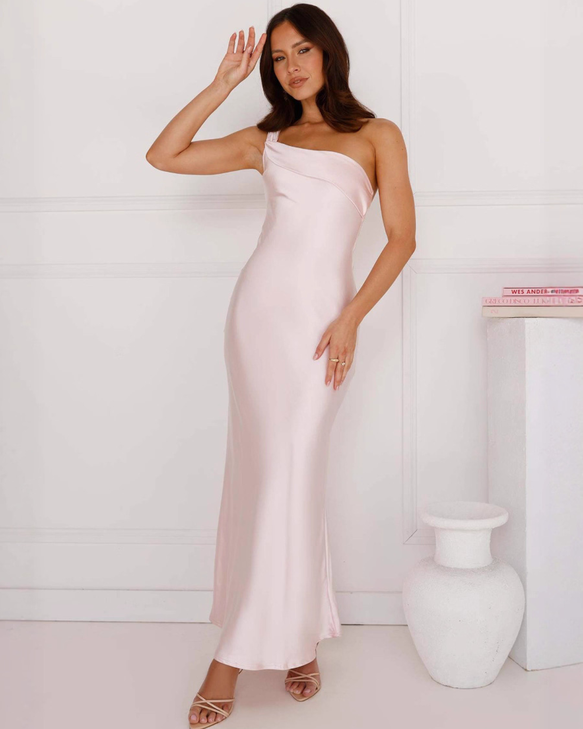 Asymmetric Draped One-Shoulder Satin Maxi Dress