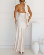 Asymmetric Draped One-Shoulder Satin Maxi Dress