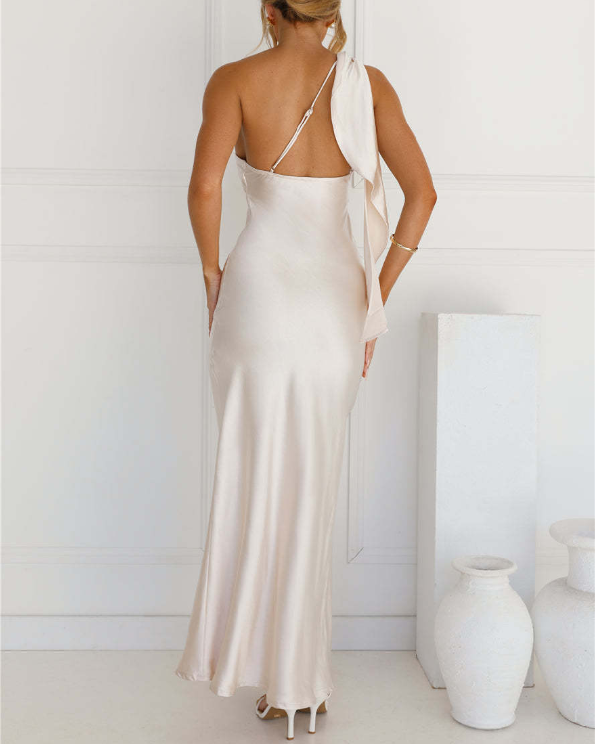 Asymmetric Draped One-Shoulder Satin Maxi Dress