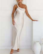 Asymmetric Draped One-Shoulder Satin Maxi Dress