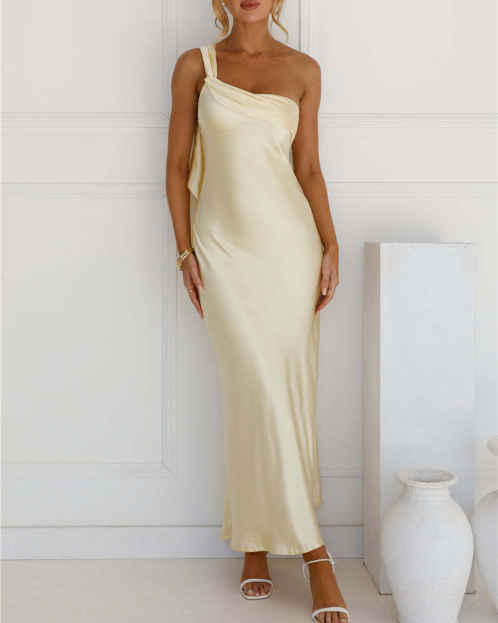 Asymmetric Draped One-Shoulder Satin Maxi Dress