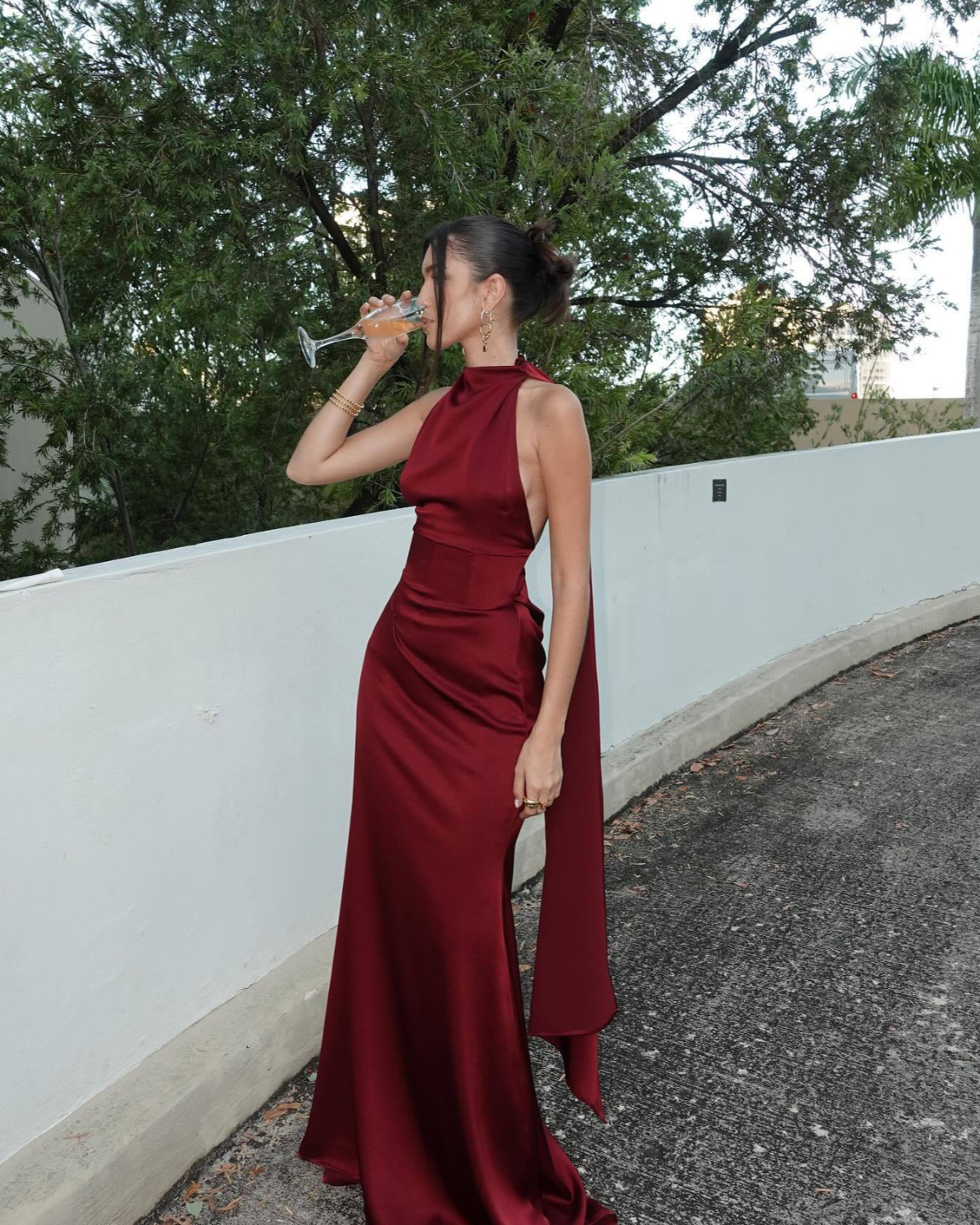 Burgundy Satin High-Neck Scarf Detail Maxi Dress