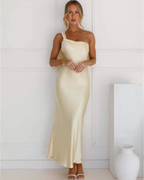 Asymmetric Draped One-Shoulder Satin Maxi Dress