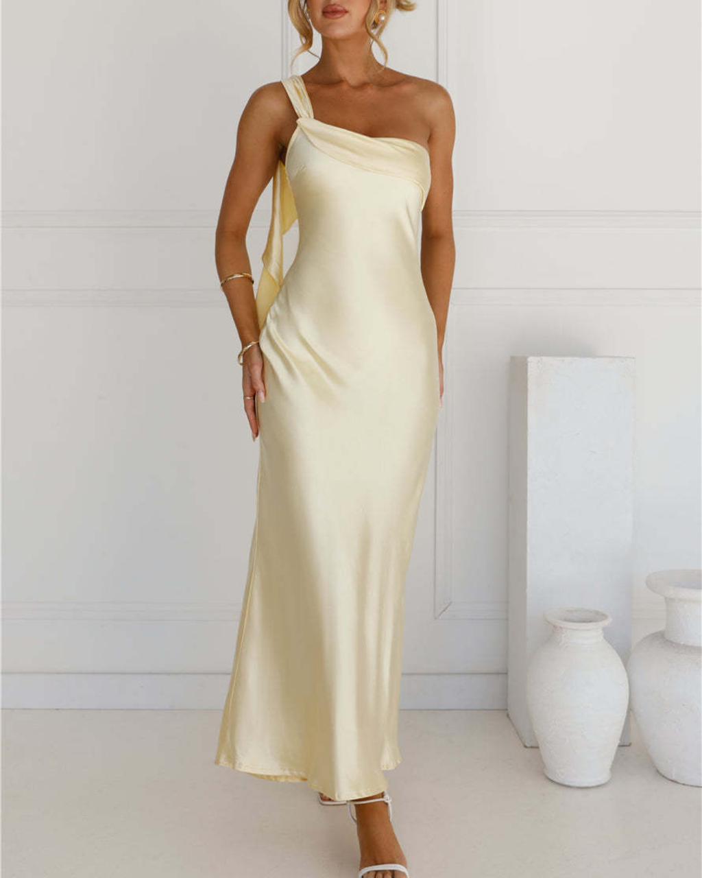 Asymmetric Draped One-Shoulder Satin Maxi Dress