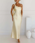 Asymmetric Draped One-Shoulder Satin Maxi Dress