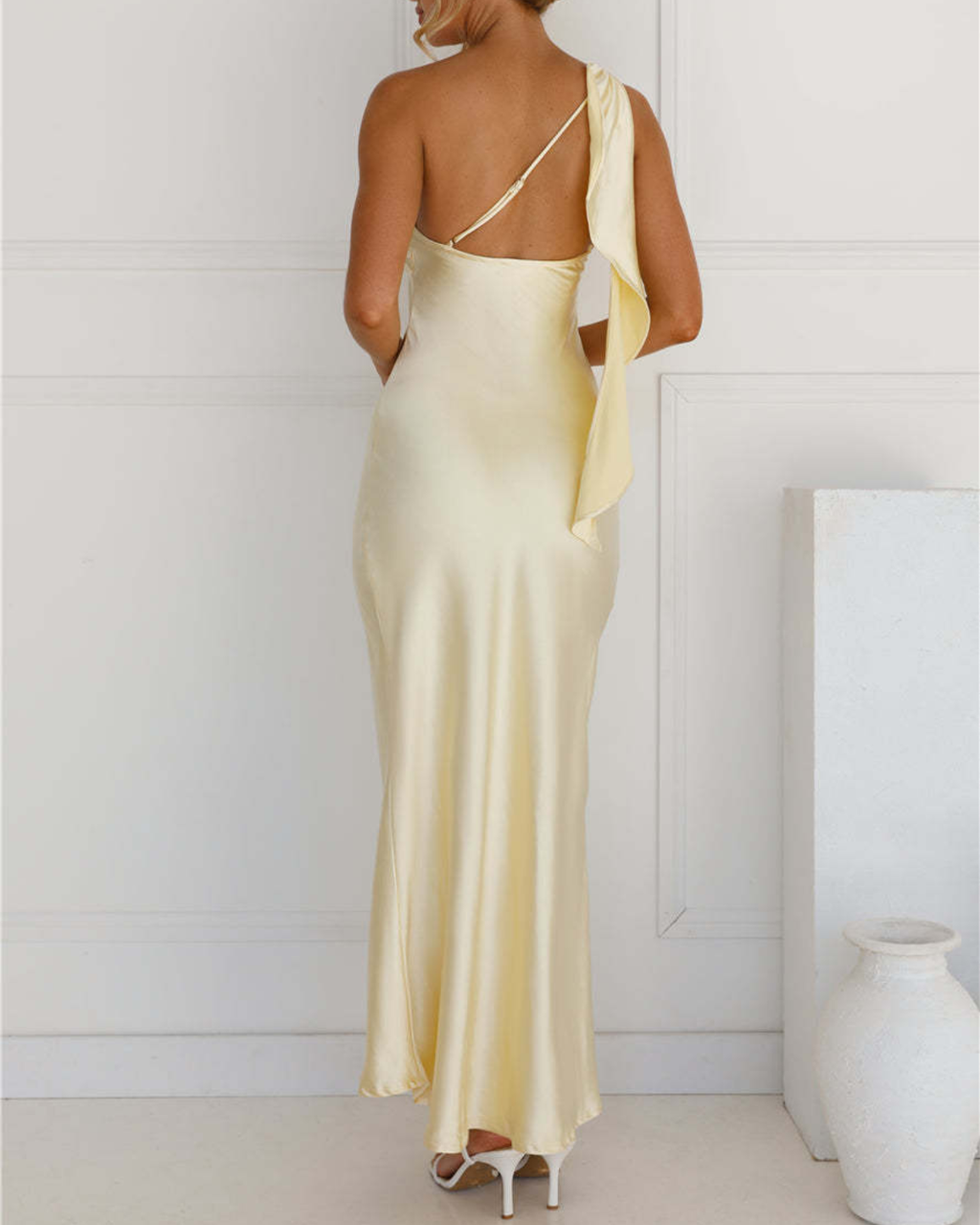 Asymmetric Draped One-Shoulder Satin Maxi Dress
