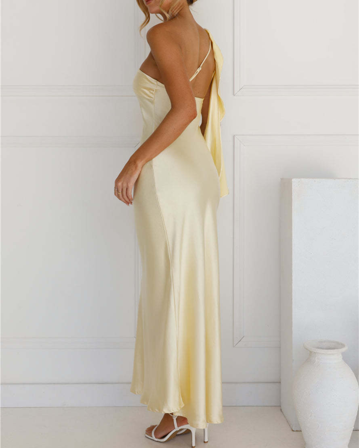 Asymmetric Draped One-Shoulder Satin Maxi Dress