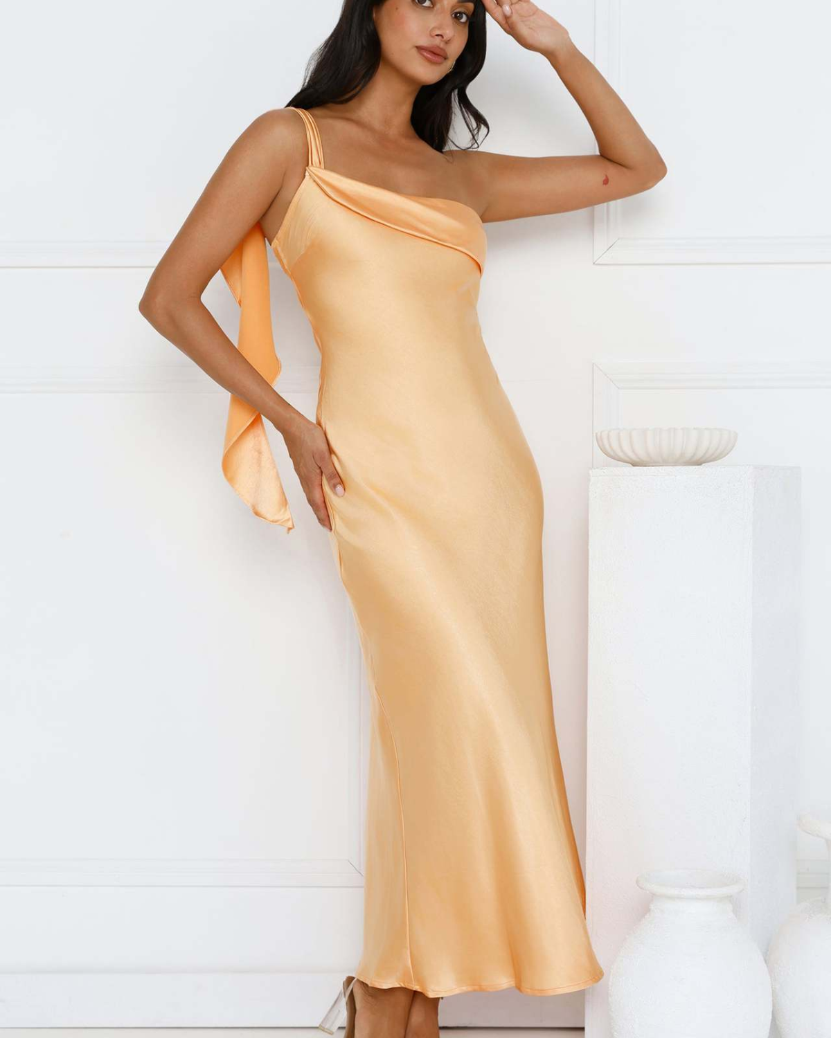 Asymmetric Draped One-Shoulder Satin Maxi Dress