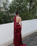 Burgundy Satin High-Neck Scarf Detail Maxi Dress