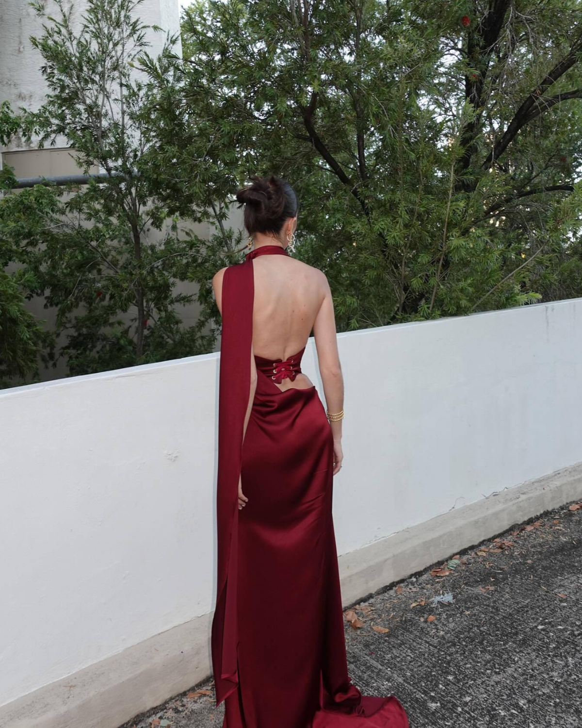 Burgundy Satin High-Neck Scarf Detail Maxi Dress