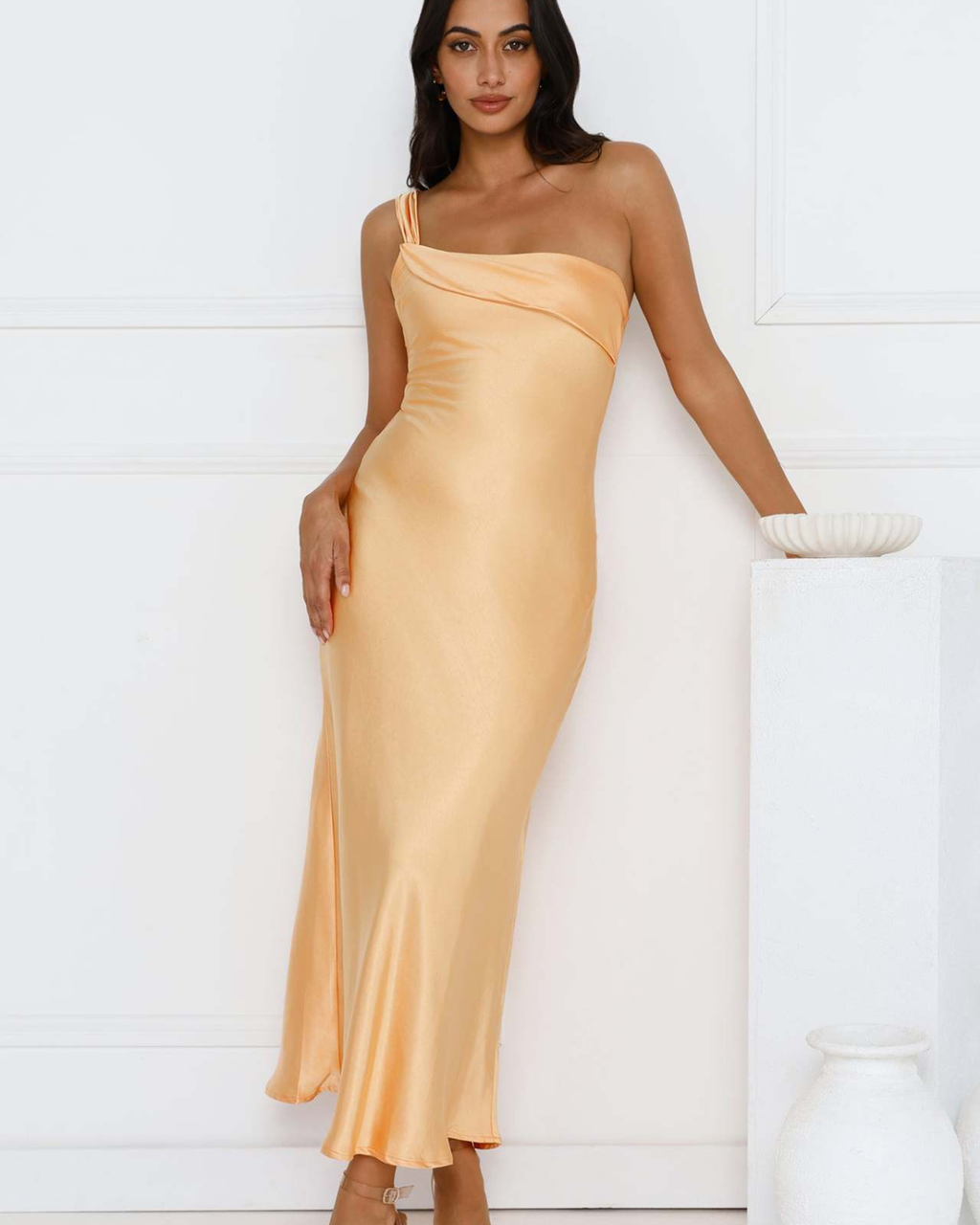 Asymmetric Draped One-Shoulder Satin Maxi Dress