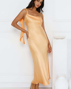 Asymmetric Draped One-Shoulder Satin Maxi Dress