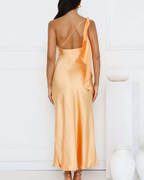 Asymmetric Draped One-Shoulder Satin Maxi Dress