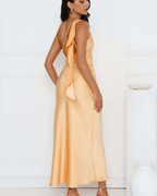 Asymmetric Draped One-Shoulder Satin Maxi Dress