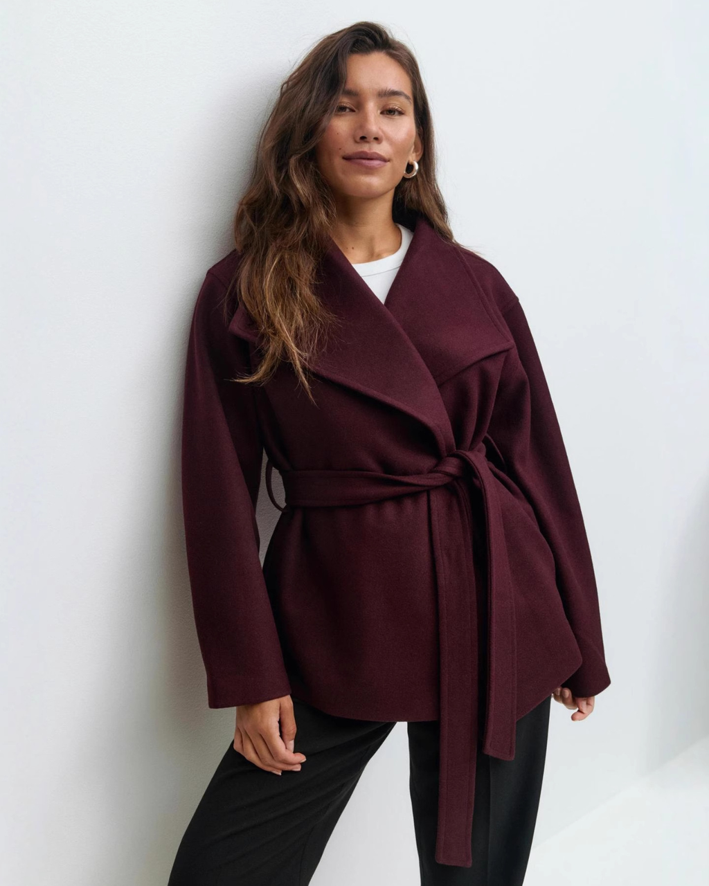 Asymmetric Stand-Collar Wool-Look Wrap Coat