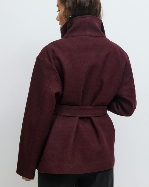 Asymmetric Stand-Collar Wool-Look Wrap Coat