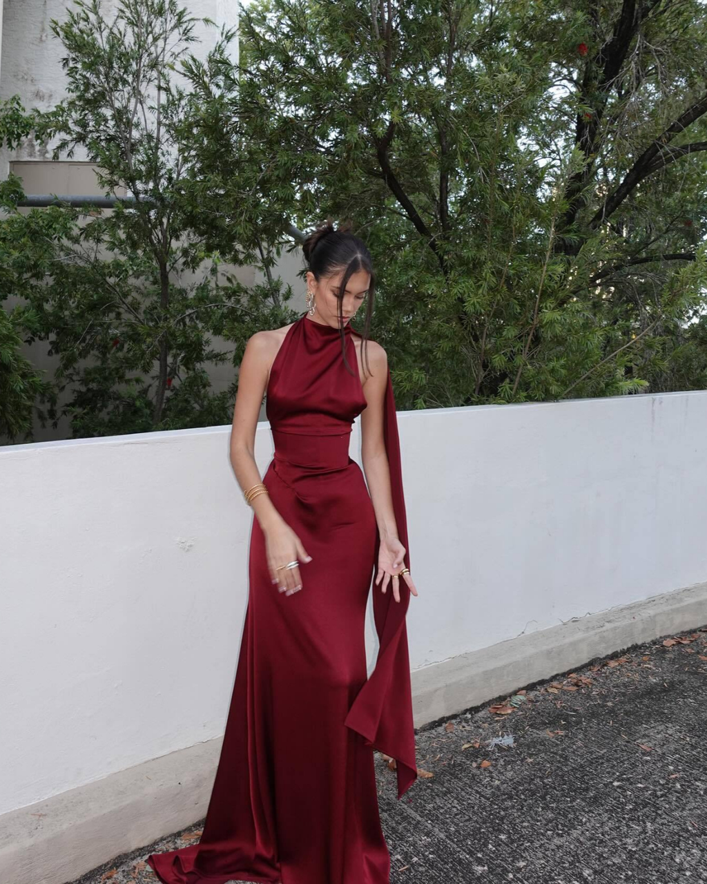 Burgundy Satin High-Neck Scarf Detail Maxi Dress