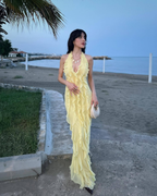 Ruffle Detail Open-Back Halter Maxi Dress