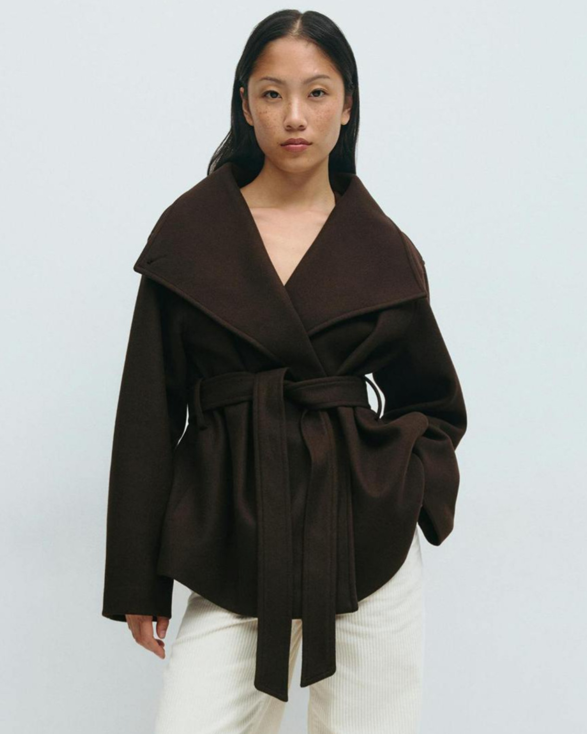 Asymmetric Stand-Collar Wool-Look Wrap Coat