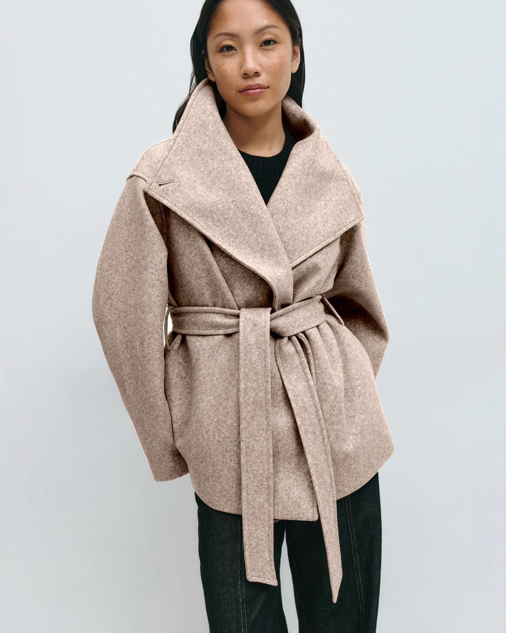 Asymmetric Stand-Collar Wool-Look Wrap Coat