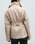 Asymmetric Stand-Collar Wool-Look Wrap Coat