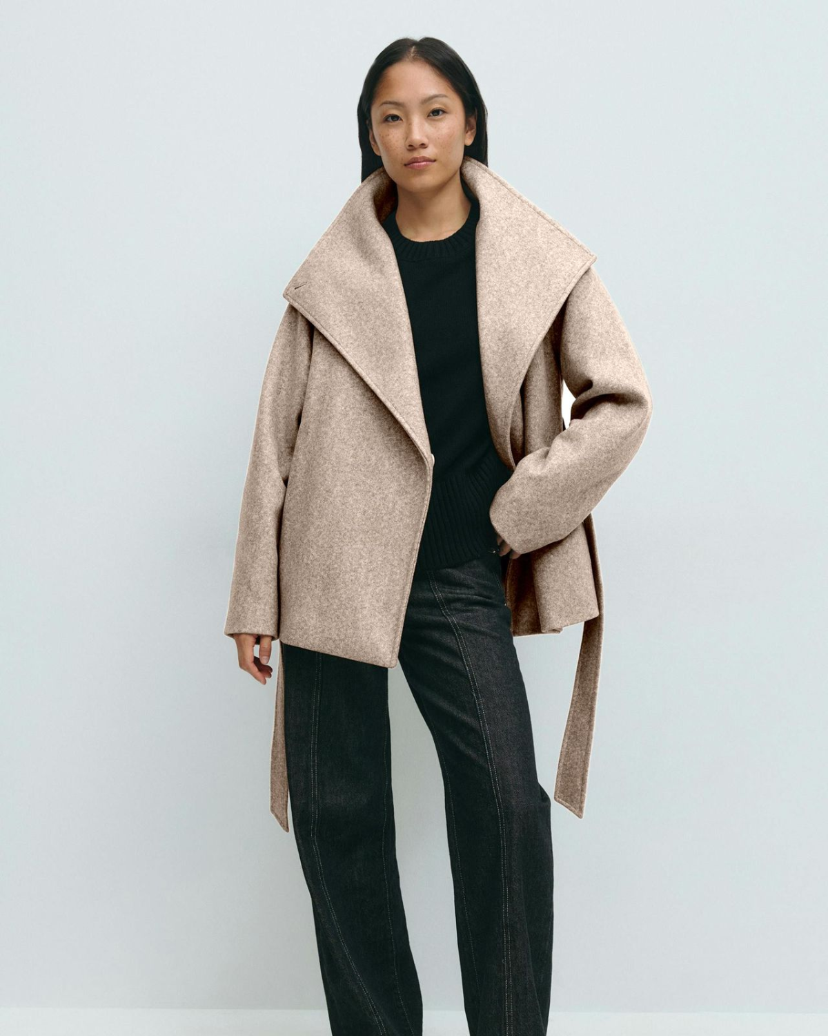 Asymmetric Stand-Collar Wool-Look Wrap Coat