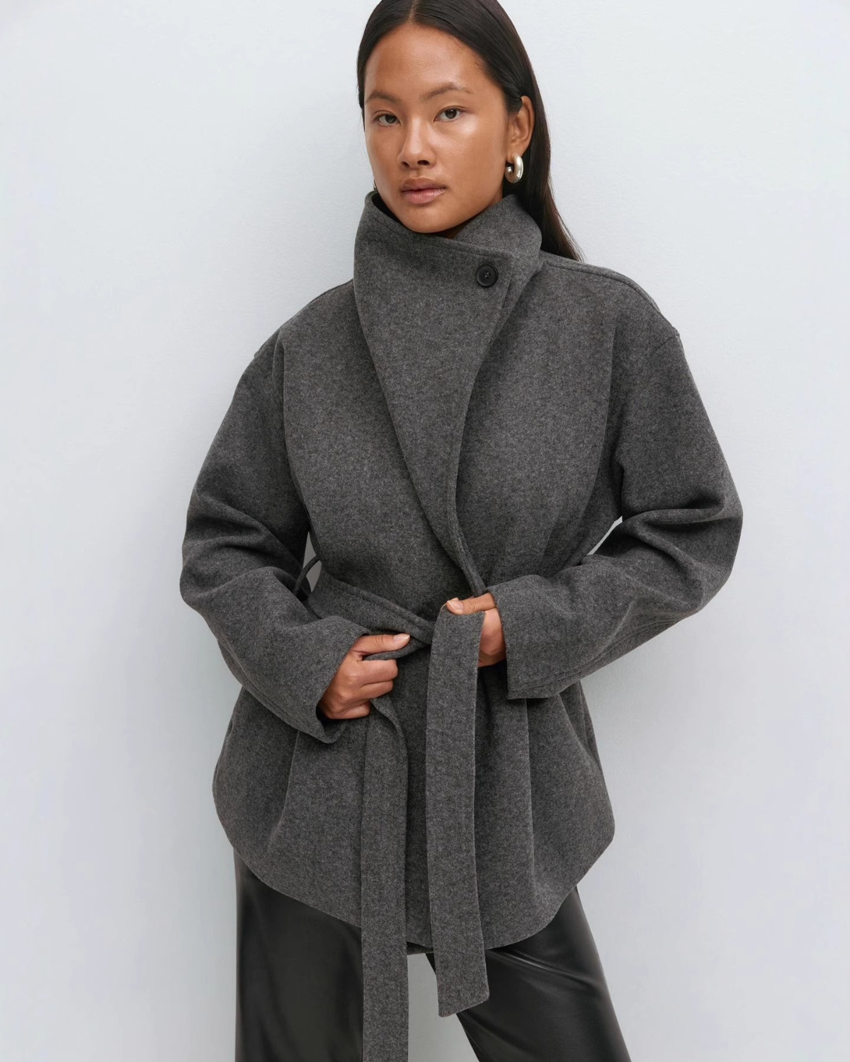 Asymmetric Stand-Collar Wool-Look Wrap Coat