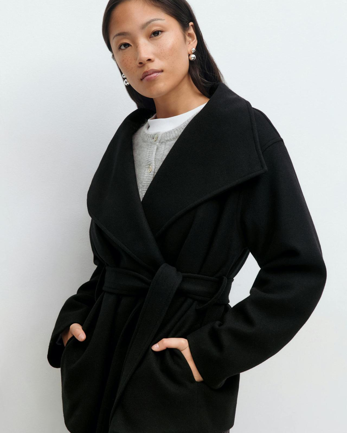 Asymmetric Stand-Collar Wool-Look Wrap Coat