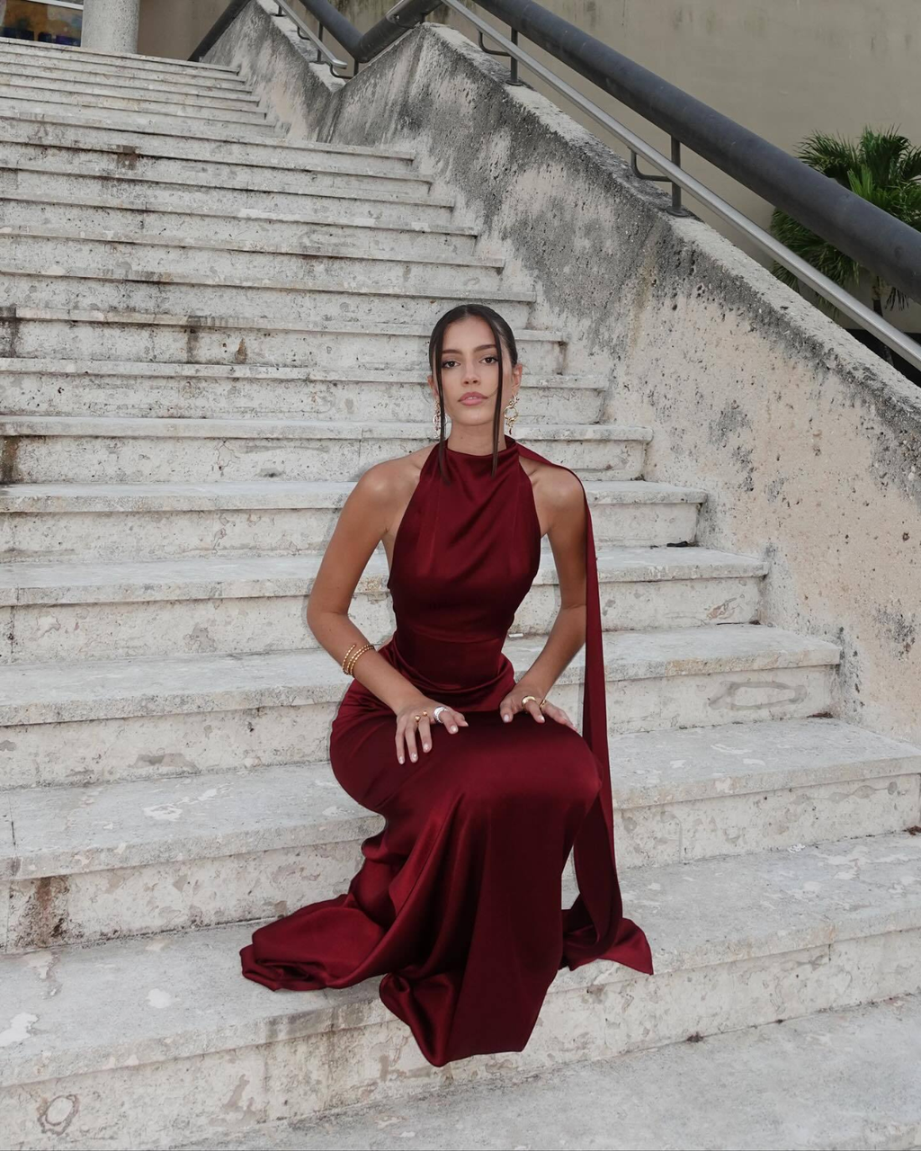 Burgundy Satin High-Neck Scarf Detail Maxi Dress