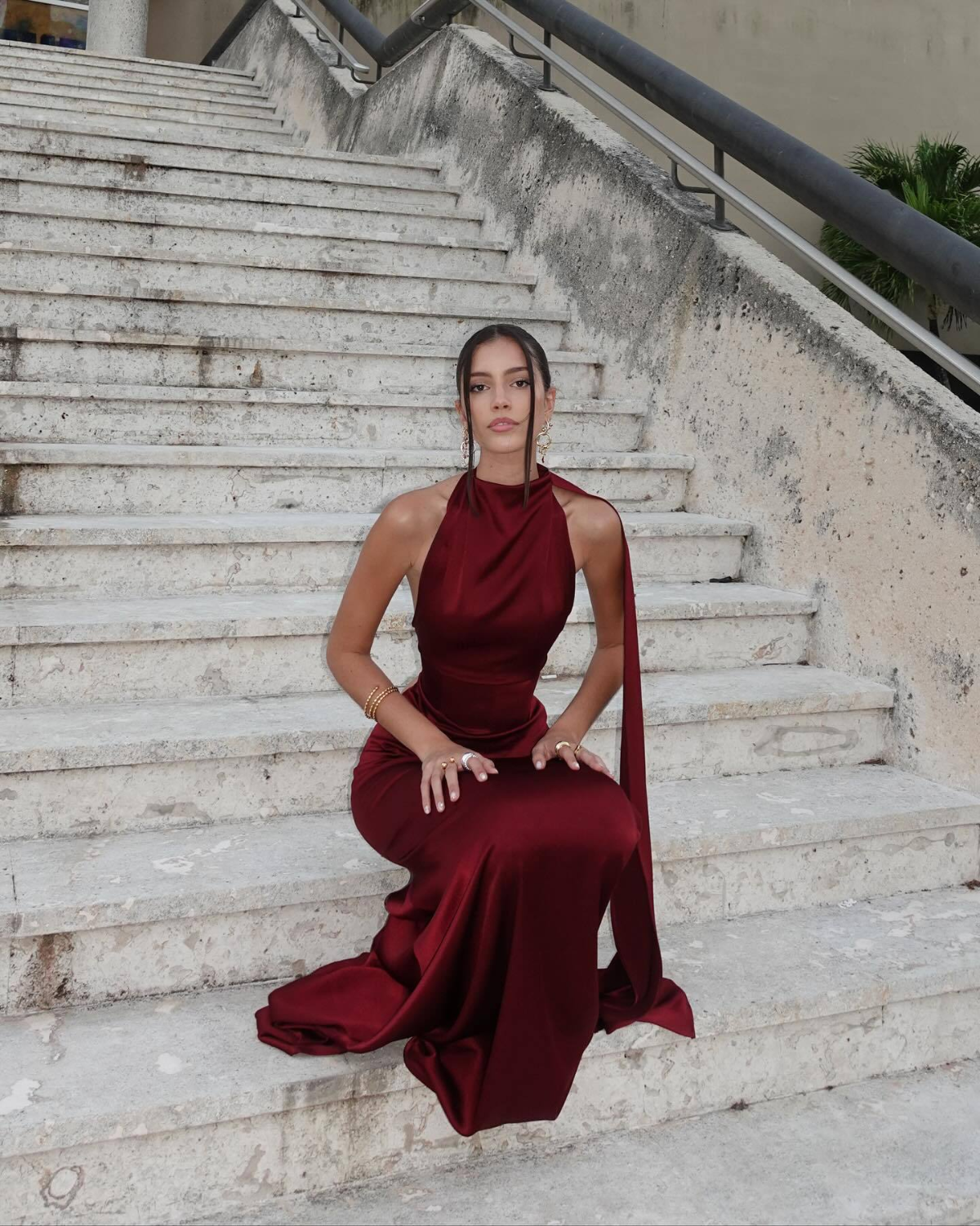 Burgundy Satin High-Neck Scarf Detail Maxi Dress