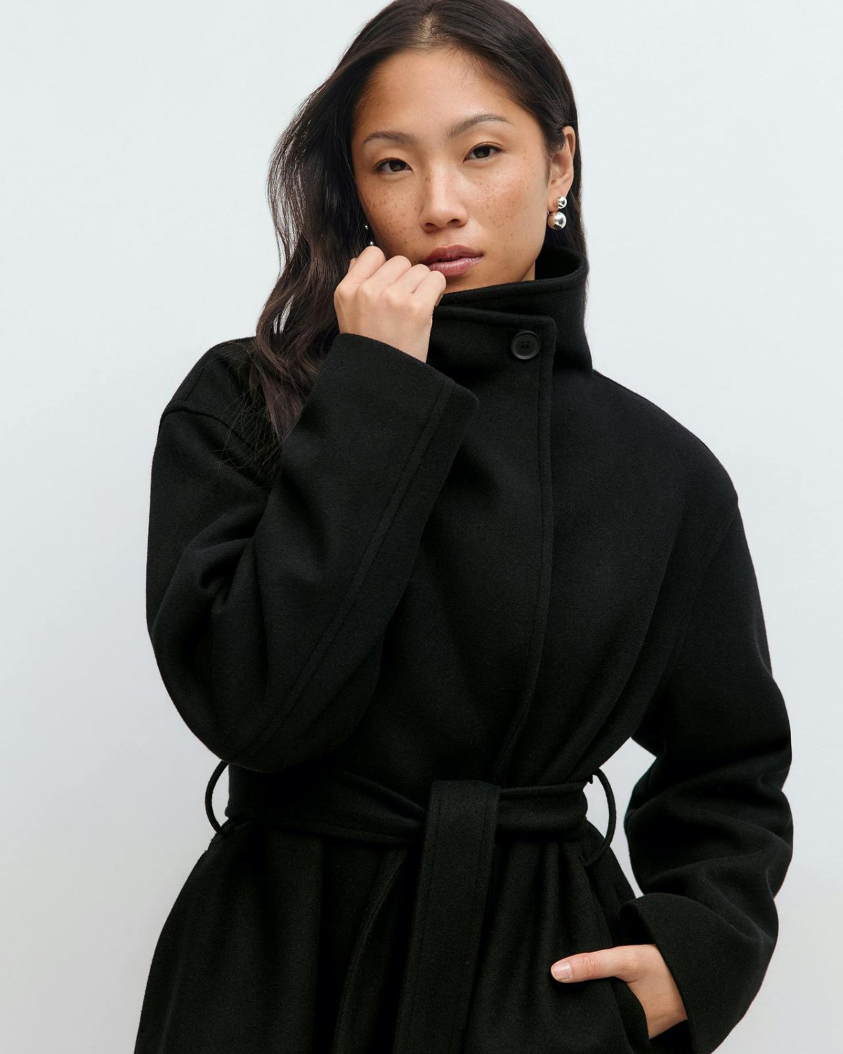 Asymmetric Stand-Collar Wool-Look Wrap Coat