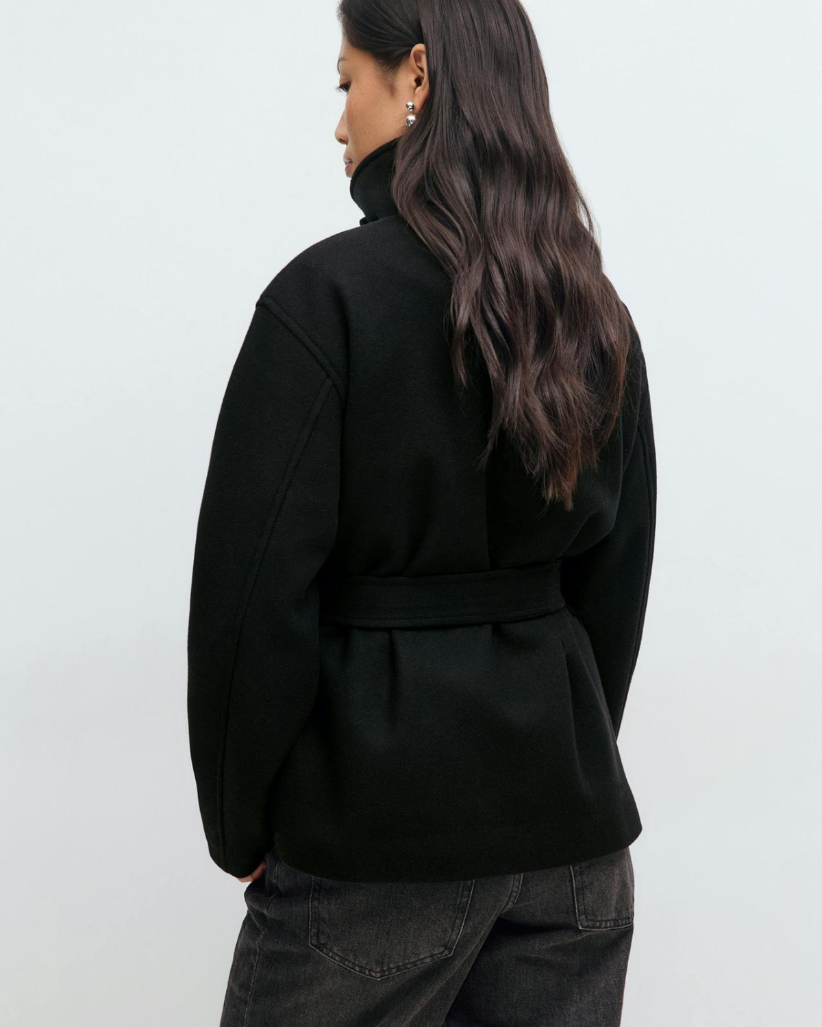 Asymmetric Stand-Collar Wool-Look Wrap Coat