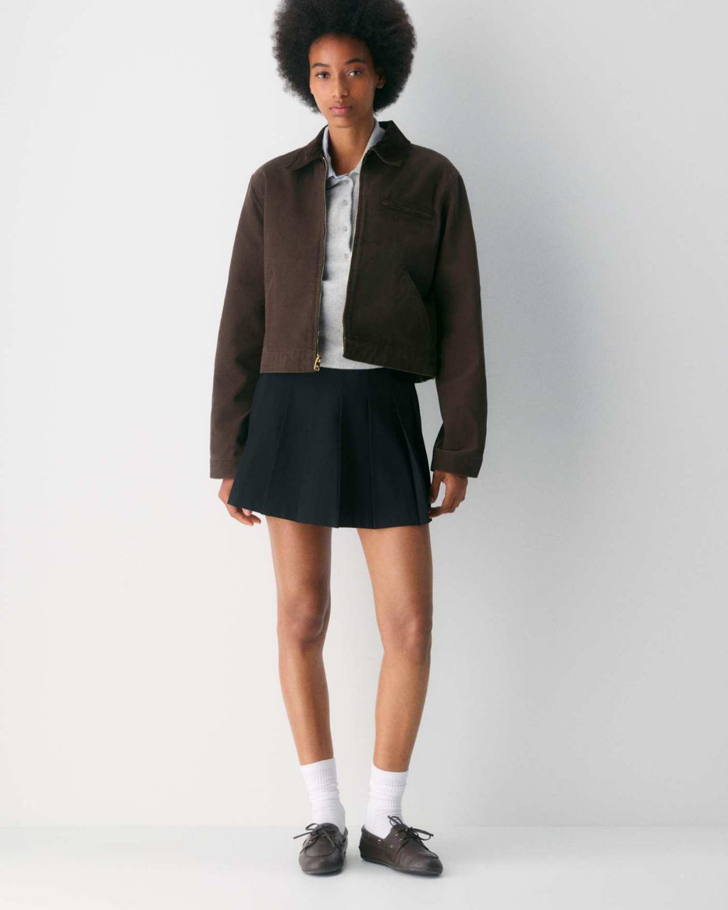 Cropped Zip-Up Workwear Jacket with Corduroy Collar