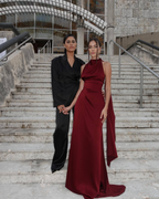 Burgundy Satin High-Neck Scarf Detail Maxi Dress