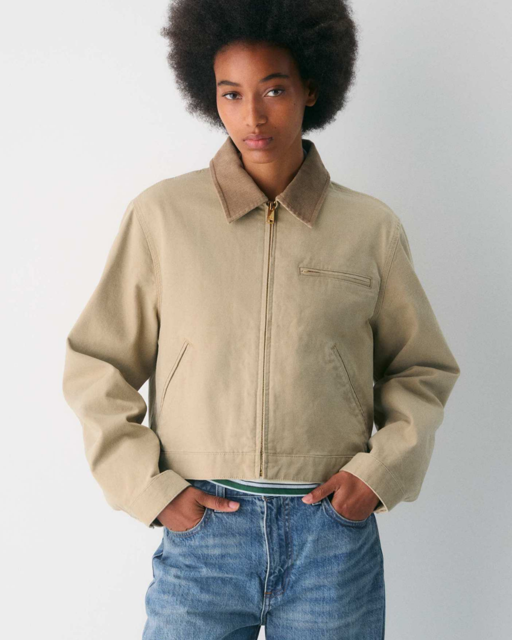 Cropped Zip-Up Workwear Jacket with Corduroy Collar