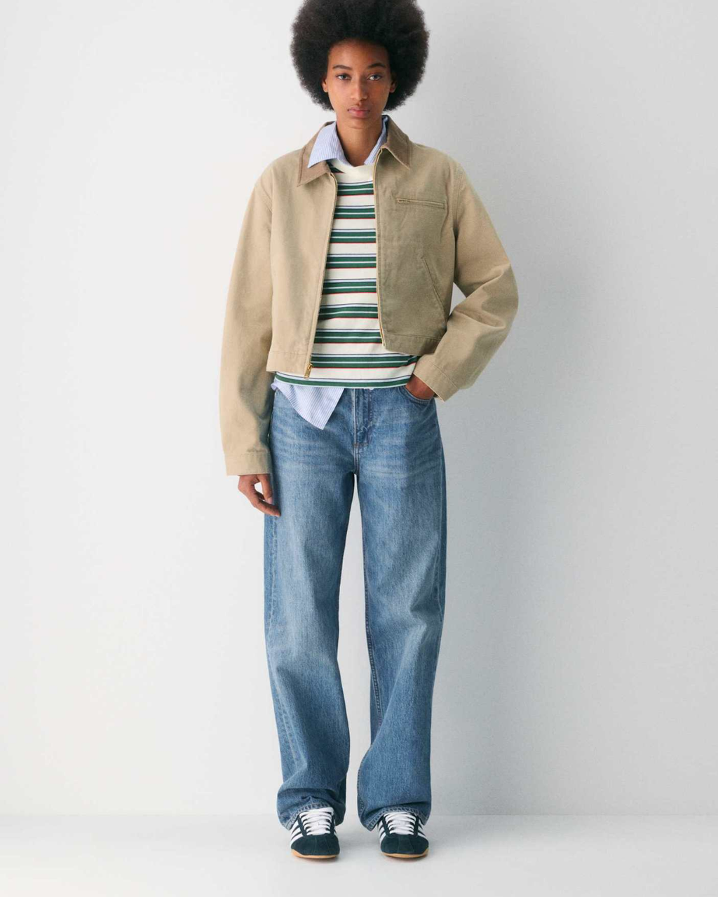 Cropped Zip-Up Workwear Jacket with Corduroy Collar