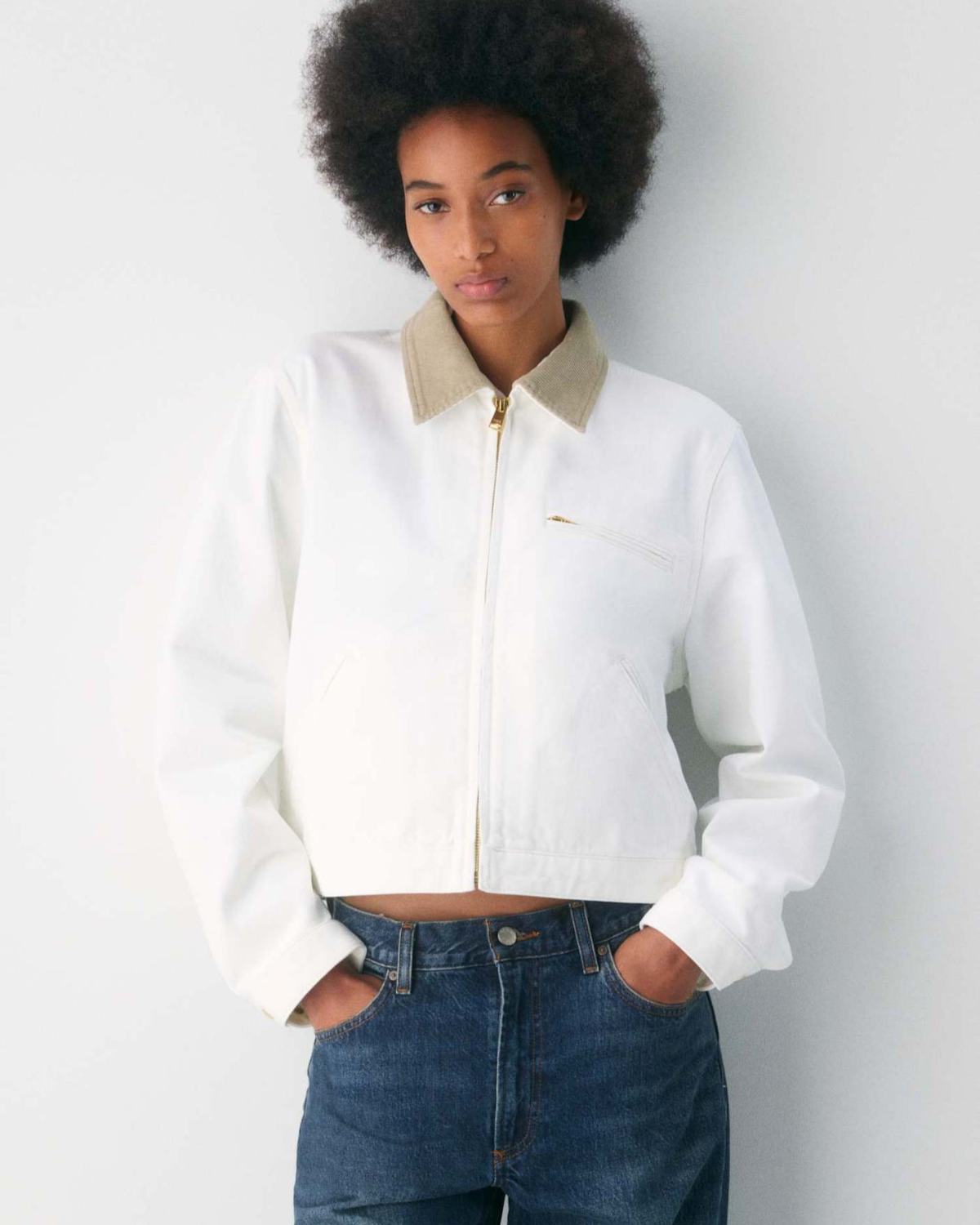 Cropped Zip-Up Workwear Jacket with Corduroy Collar