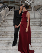 Burgundy Satin High-Neck Scarf Detail Maxi Dress