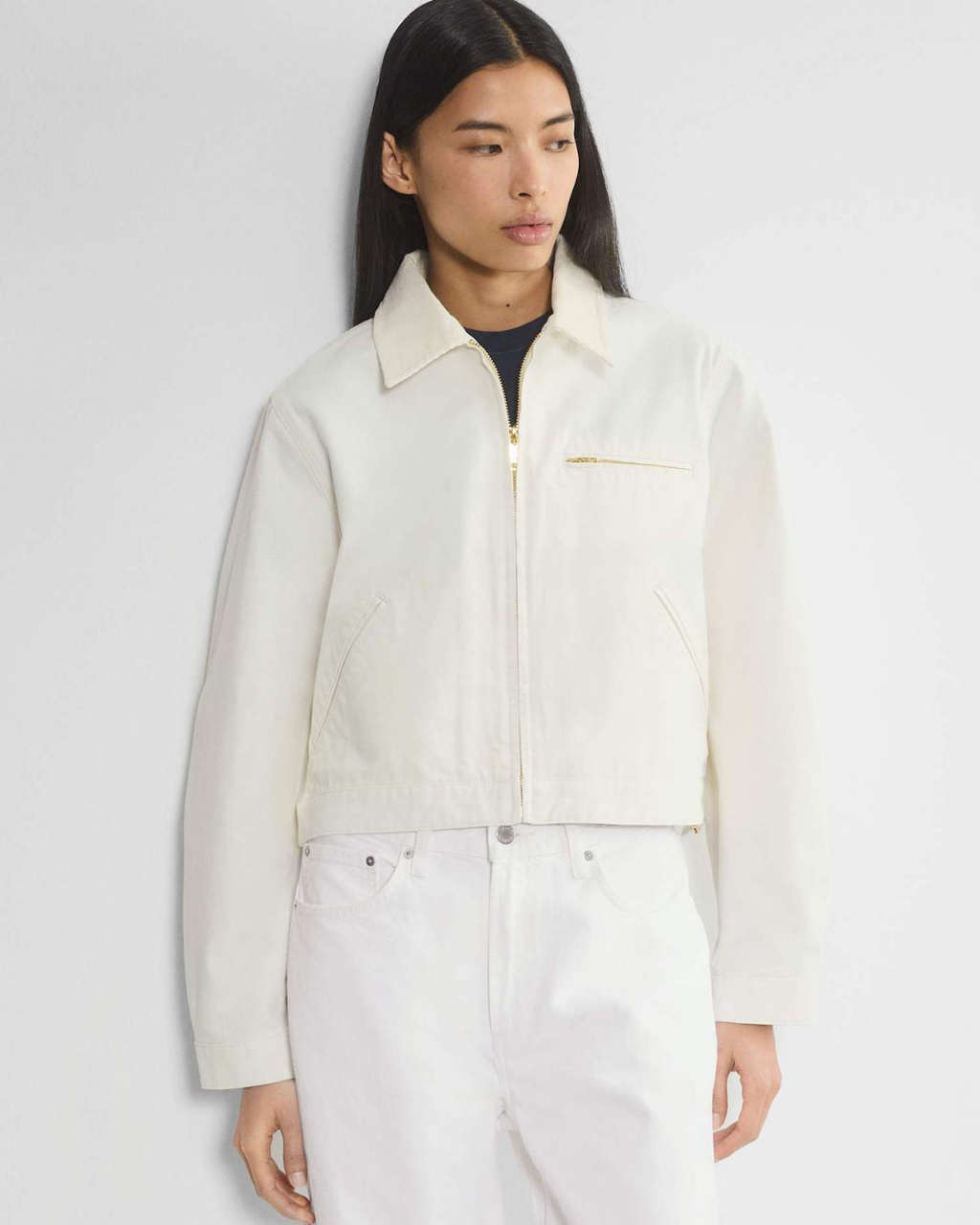 Cropped Zip-Up Workwear Jacket with Corduroy Collar