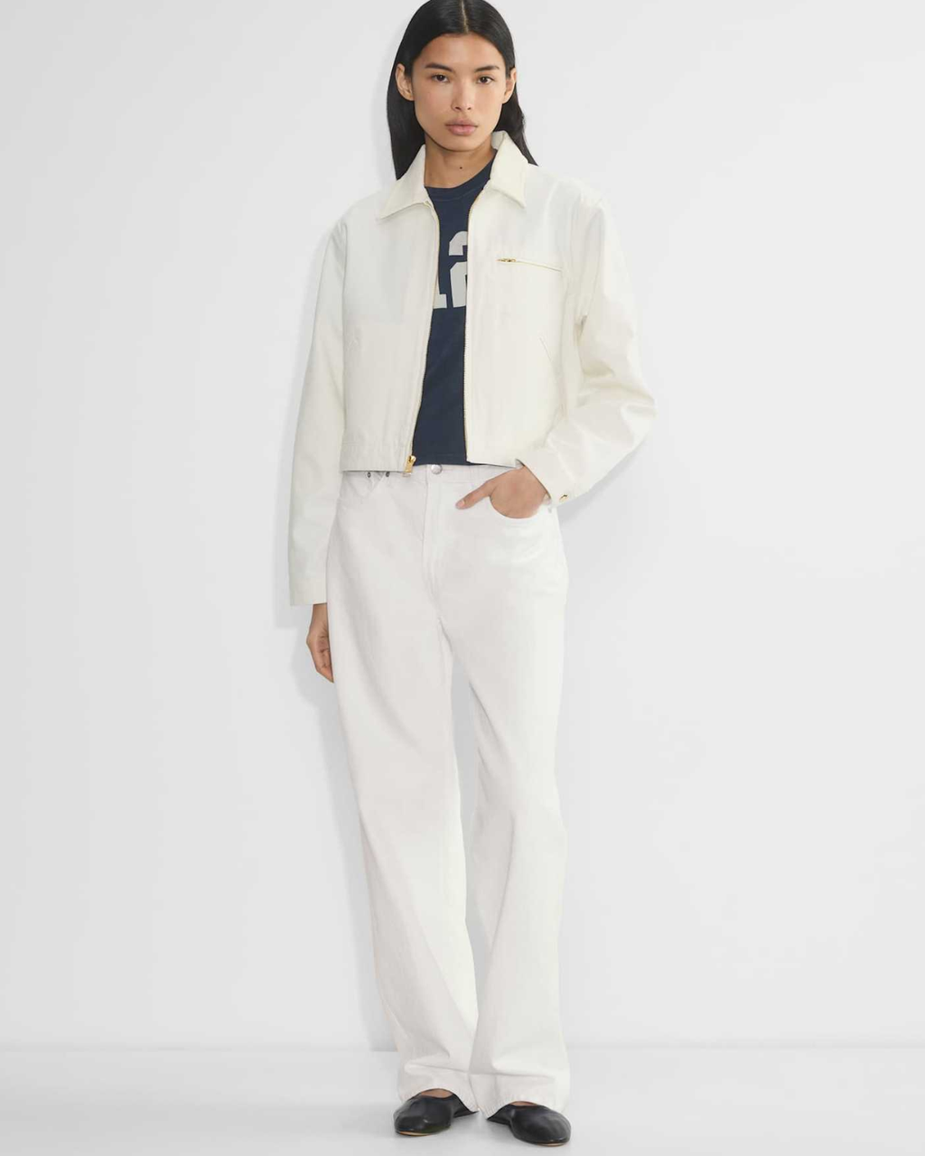 Cropped Zip-Up Workwear Jacket with Corduroy Collar