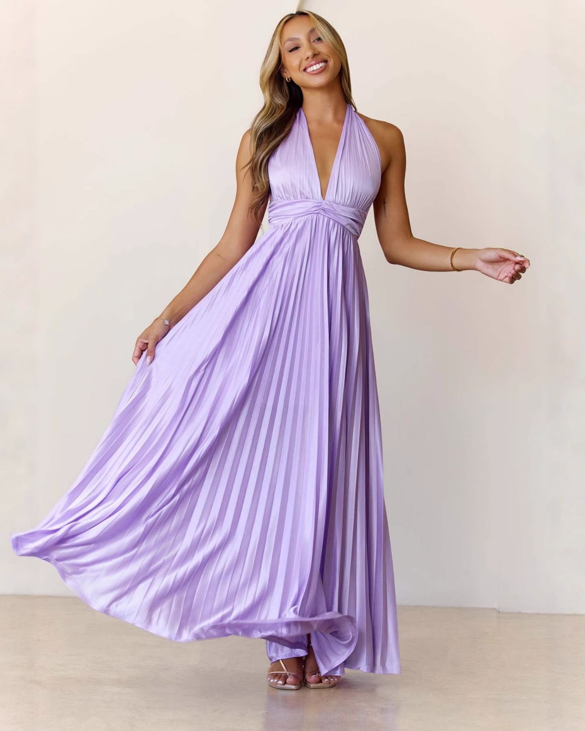 Satin Plissé Plunge Halter Maxi Dress