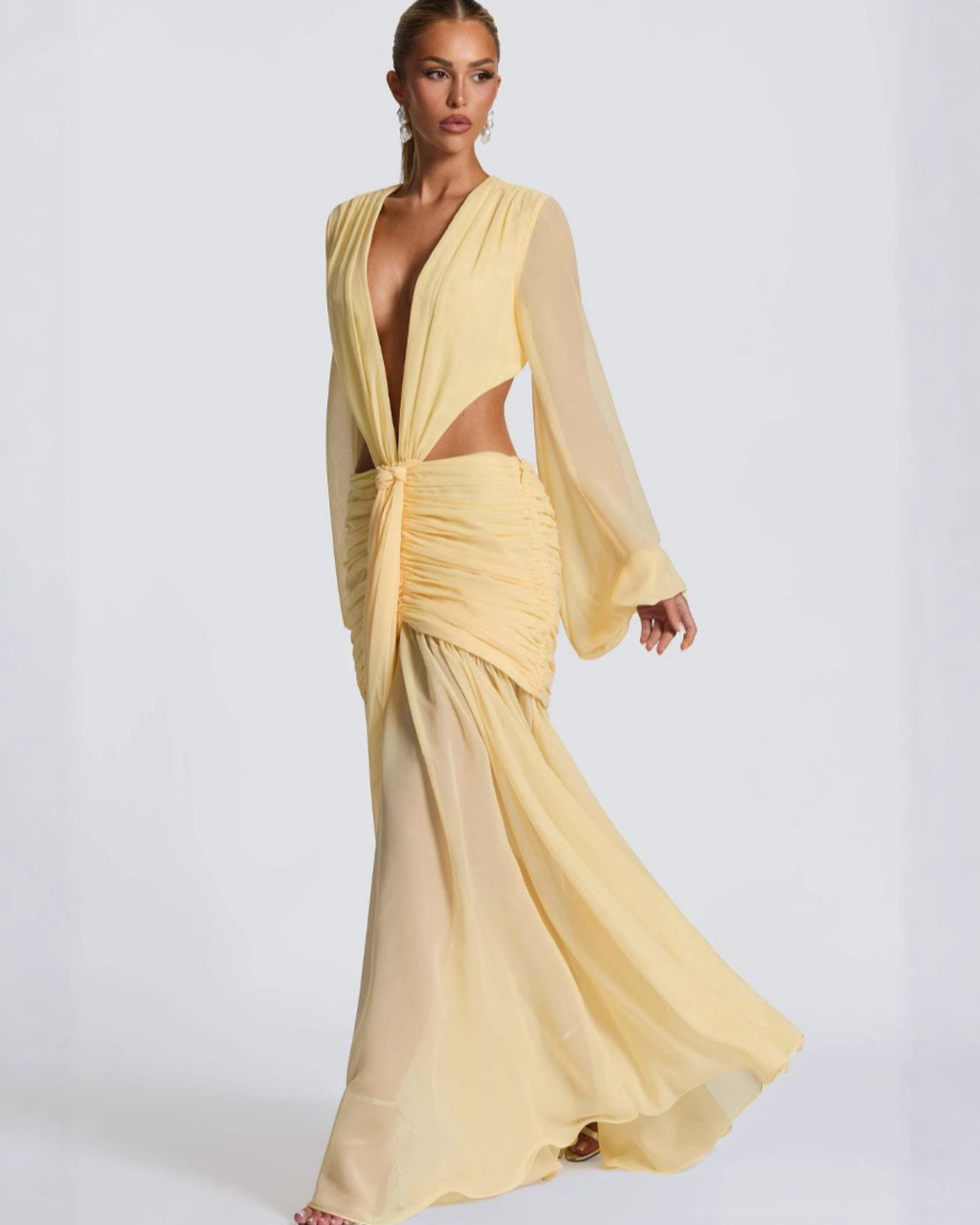 Plunging V-Neck Cut-Out Ruched Chiffon Maxi Dress