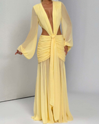 Plunging V-Neck Cut-Out Ruched Chiffon Maxi Dress