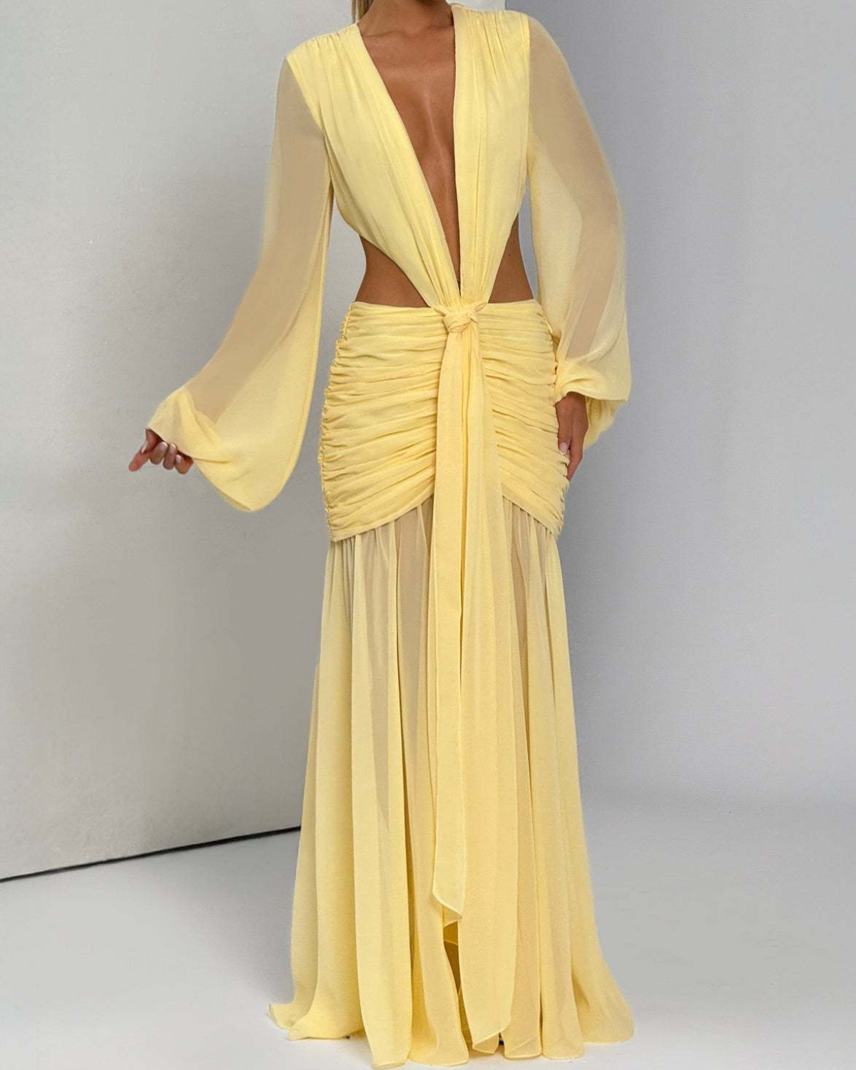 Plunging V-Neck Cut-Out Ruched Chiffon Maxi Dress