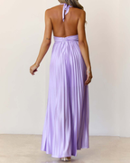 Satin Plissé Plunge Halter Maxi Dress