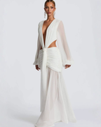 Plunging V-Neck Cut-Out Ruched Chiffon Maxi Dress