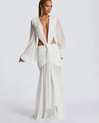 Plunging V-Neck Cut-Out Ruched Chiffon Maxi Dress