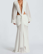 Plunging V-Neck Cut-Out Ruched Chiffon Maxi Dress
