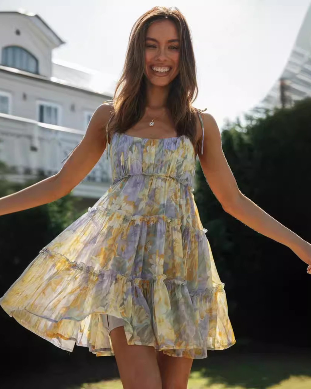 Sunkissed Floral Tie-Strap Tiered Mini Dress